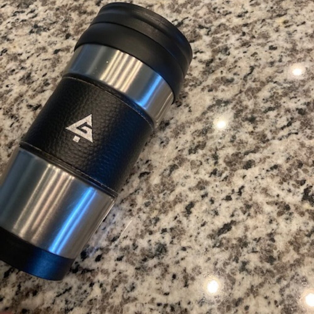 Stainless Steel Travel Mug with leather grip and removable lid - REDUCED!